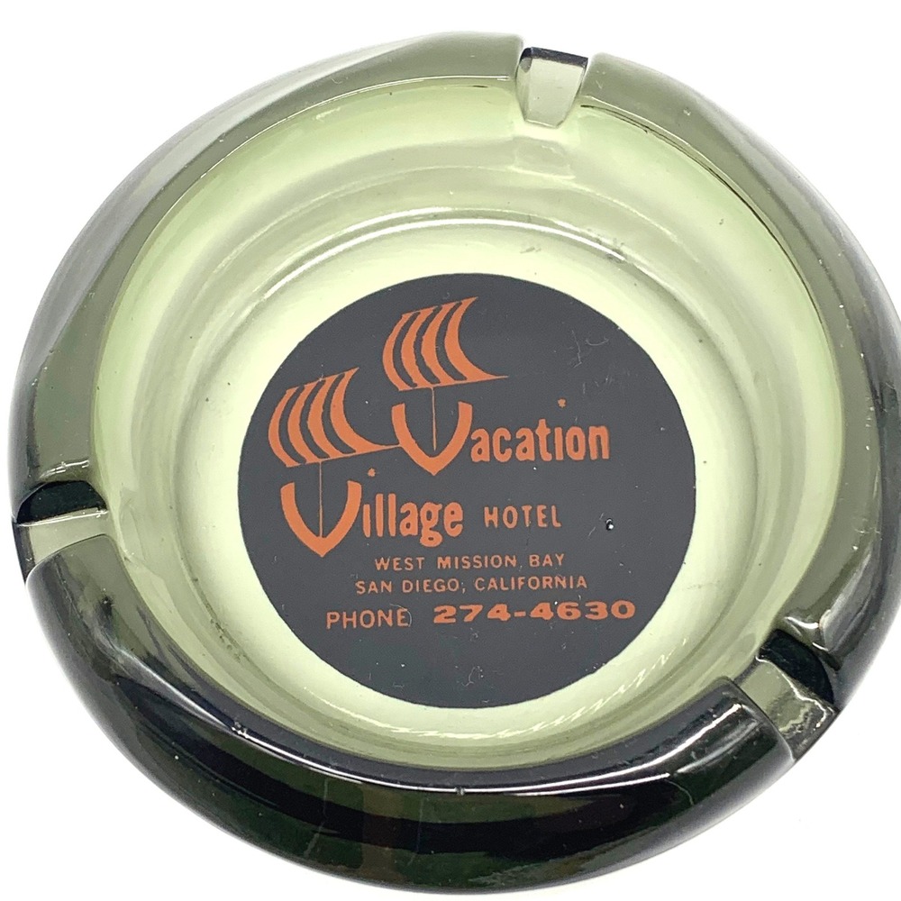 VVintage Vacation Village Hotel Ashtray San Diego Green Glass 1960s Mid Century